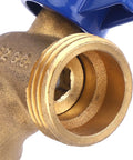 Close-up view of Top Tier 1/4 Inch Solid Brass Quarter Turn Ball Valve with blue handle for plumbing systems.