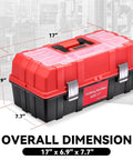Heavy Duty Portable Three Layer Folding Tool Box With Grippy Carry Handle And Deep Trays For Jobsite Or Mechanics Gear Red Sturdy Workhorse Organizer Kit, dimensions 17x6.9x7.7 inches.