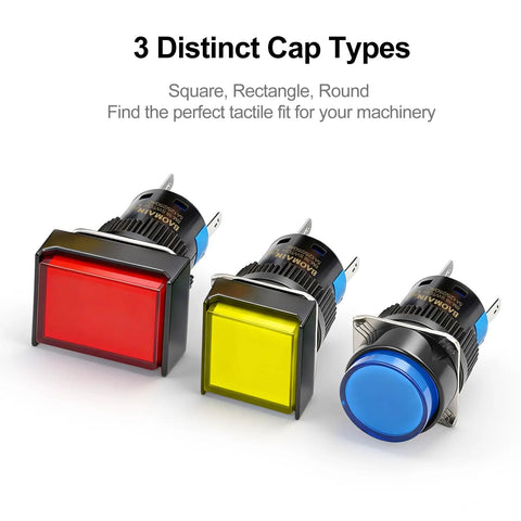 Three push button switches with red, yellow, and blue caps, showcasing the LED Momentary Push Button Switch 16mm 24V DC.