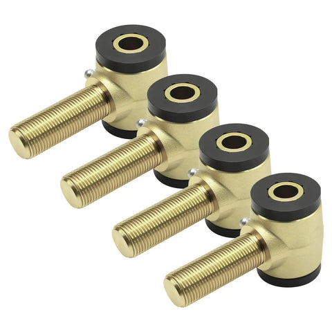 Heavy Duty Three Quarter Sixteen Thread Rod End Bushing Kit With Tough Polyurethane Sleeves And Left Right Heim Joints For Badass Suspension Builds And Custom Fabrication Rigs On The Road showing four brass rod ends with black bushings.