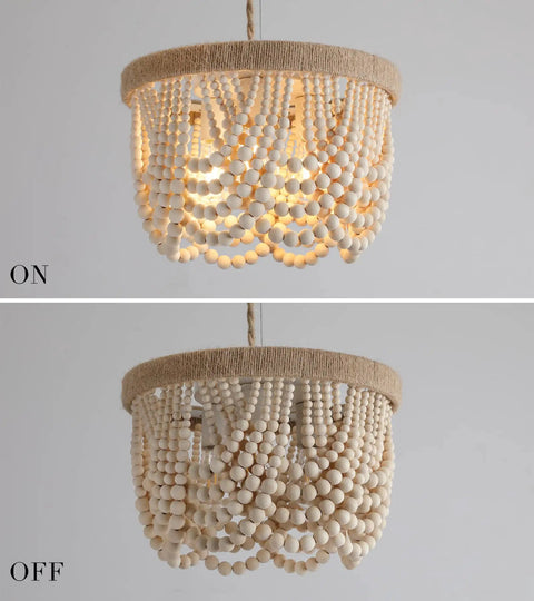 Boho Beaded Flush Mount Ceiling Light 3 Light Fixture In Rustic Antique White Wood Beads, Perfect For Nursery, Bedroom, Living Room, On-Off