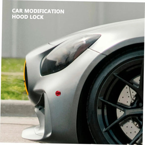 Car front with Toggle Hood Latch Clamp With Quick Release Hood Pin Kit For Race Cars and visible wheel