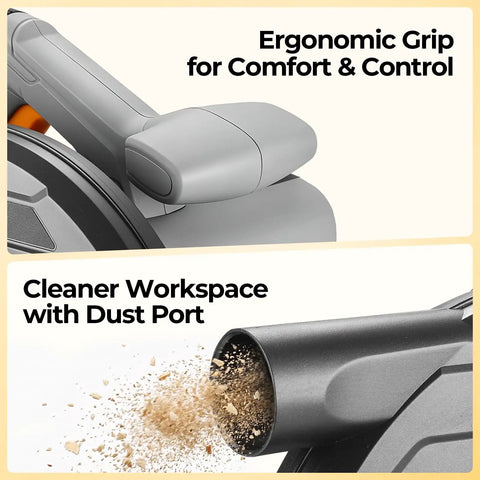 Pro Grade 7 1/4 Inch Circular Saw With A Powerhouse Motor that shows ergonomic grip and dust port features for ease in woodworking.