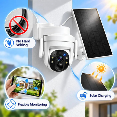 Wireless Outdoor Security Camera With Solar Power And Two Way Talk 2K Hd Full Color Night Vision mounted with solar panel and phone control.