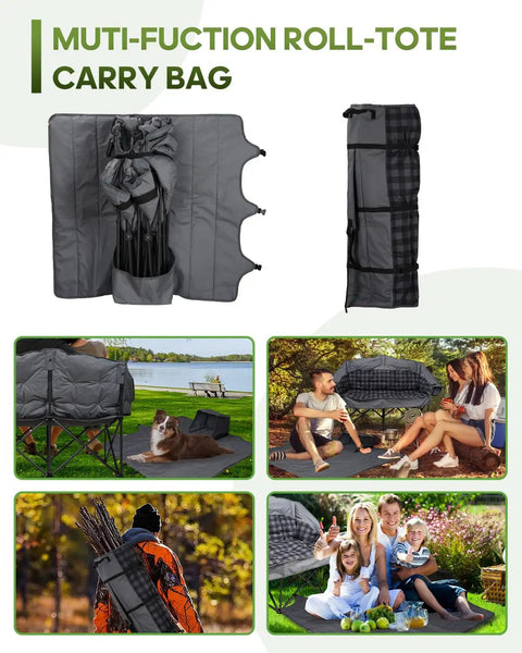 Collage of Oversized Double Camping Chair Padded Loveseat in use with close-up of multi-function roll-tote carry bag.