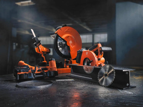 Built Tough Cordless Circular Saw For Zero Sweat Cold Cutting Sheet Metal And Pipe No Spark Action Dang Precise Profiling Up To Fifty Seven Millimeter Depth With Six Adjustable Speed Settings 18V Battery Ready on a workbench.