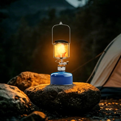 Compact Outdoor Camping Gas Lantern With Lantern Cover Durable Copper And Stainless Steel Body Fits Threaded Flat Gas Tanks outdoors at campsite