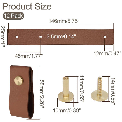 Product dimensions for 12 Pack Brown Leather Drawer Pulls With Single Hole Mount for kitchen cabinets and furniture hardware.