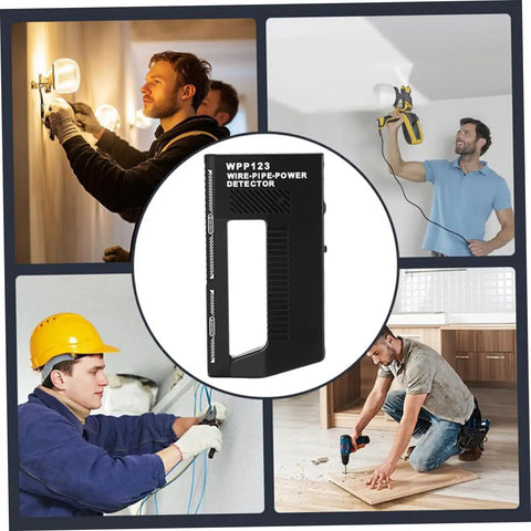 Wire Pipe Power Detector, 5.8x3.1 inch plastic stud finder with handle, used in wall scanning by various professionals.