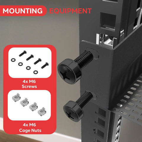 Heavy Duty 19 Inch 1U Server Shelf With Vented Cantilever Wall Rack Mount Built Like A Tank For Network Switches Routers Plug And Play Universal Rack Tray Black with M6 screws and cage nuts.