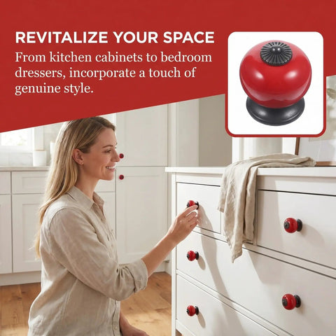 Slick Red Ceramic Cabinet Knobs With Top Notch Retro Flair For Kitchen Cupboards And Dressers One Point Five Inch Round Drawer Pulls.