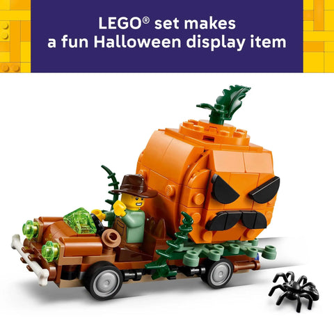 Jack O Lantern Pumpkin Pickup Truck Building Set For Kids Super Cool Halloween Build With Farmer Minifigure Sweet Plastic Bricks. A Halloween-themed truck with pumpkin cargo and minifigure.
