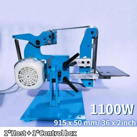 Workhorse 1100W Brushless Belt Sander Built Like A Tank For Wood Metal Grinding Sanding Polishing With Variable Speed Bidirectional Handle, blue base and control box visible.
