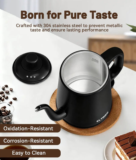Gooseneck Electric Kettle For Epic Pour Over Coffee And Tea, 1L Stainless Steel Boiler, 1000W Fast Heat, Sleek Black, open top view