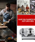 Solid 9 Inch Electric Meat Slicer With Removable Stainless Steel Blade And Quick Turn Thickness Dial slicing food in restaurant.