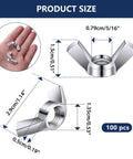 100 Pack 5/16-18 Wing Nuts Zinc Plated Carbon Steel Butterfly Hardware Fasteners size dimensions on a graphic with hand for scale.