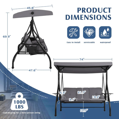 Outdoor Three Seat Porch Swing With Canopy And Stand Convertible 2 In 1 Bed Cup Holder Pillow Cushions Grey Patio Swing For Garden Or Yard Sturdy Steel Frame For Easy Relaxing product dimensions and weight capacity diagram