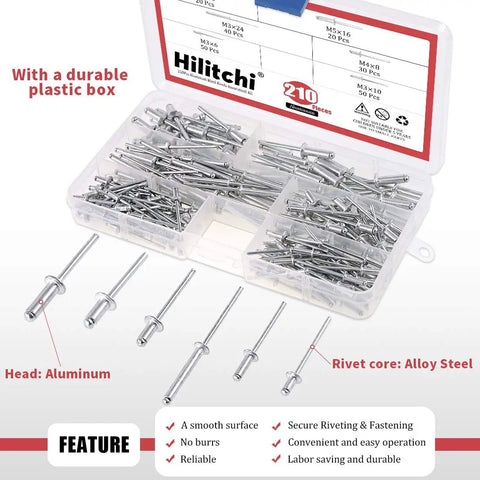 Professional Rivet Gun Adapter Kit With Flex Head And 210 Pcs Assorted M3 M4 M5 Aluminum Pop Rivets Includes Wrench And Clamping Fixture For Bulldog Tough Sheetmetal And Industrial Ductwork Projects in a durable box with assorted aluminum rivets
