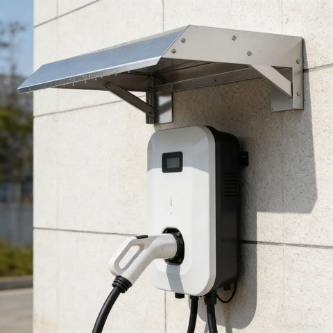 Heavy Duty EV Charger Weather Canopy Cover With Sloped Stainless Steel Top to protect EV charger mounted on wall.