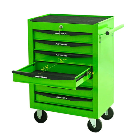 Heavy Duty Rolling Tool Chest With Lockable Parking Brakes And Butter Smooth Ball Bearing Slides 21 Inch Freestanding Storage Cabinet In Bright Green showing open drawer and dimensions.
