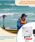 Built Different 12V 24V 50A PWM DC Motor Speed Controller With Handle Throttle Forward Reverse Switch IP65 Waterproof Overheat Shield For 55 Lb Trolling Boats in use on fishing boat.