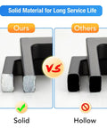 Comparison of solid vs hollow matte black kitchen cabinet handles showing solid material for durability.