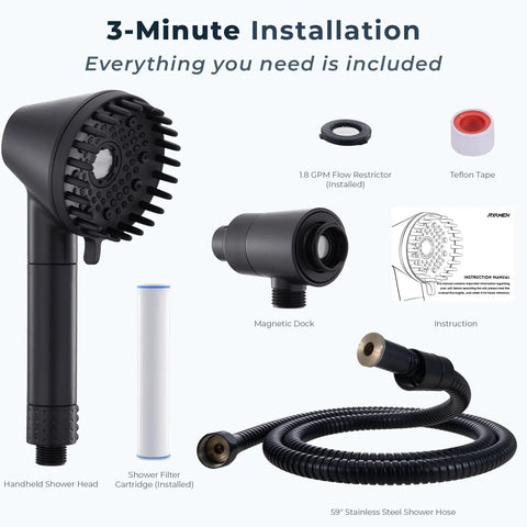 Magnetic Docking Handheld Shower Head With High Pressure Power Wash Mode Chlorine Removal Massage Brush with installation kit.