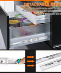 Heavy Duty 22 Inch Drawer Slides 4 Pair Soft Close Full Extension Side Mount Cabinet Rails Silver Finish shown in use with dishes.