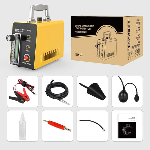 12V Automotive Smoke Machine And EVAP Leak Detector Uses Standard Shop Air; yellow diagnostic unit with hose and accessories.