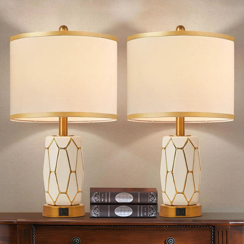 Set Of 2 Touch Control Ceramic Table Lamps For Bedroom And Living Room Modern Black And White Design With USB Ports Bedside Nightstand Lamps With Fabric Drum Shade Bulbs Included