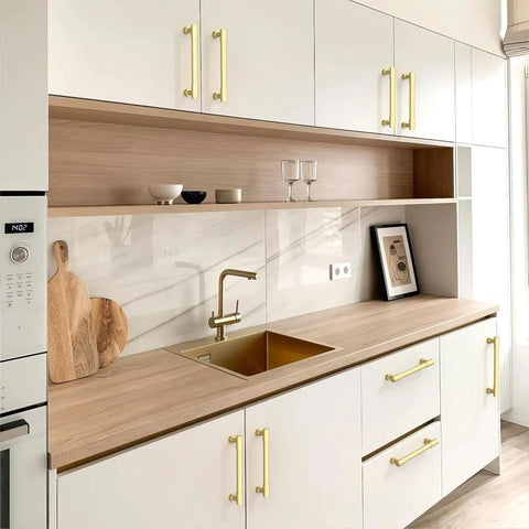 10 Pack Brushed Gold Cabinet Pulls and Drawer Handles 5 Inch Center to Center Kitchen Hardware Updates on white cabinets.