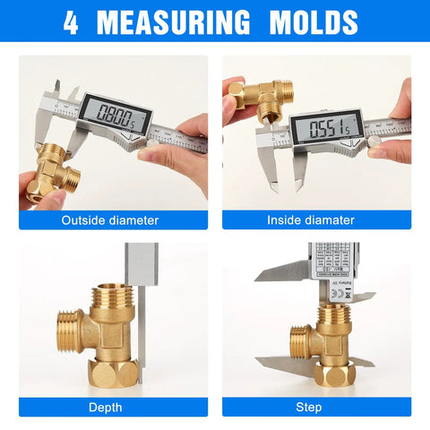 Handy Digital Caliper Measuring Tool Stainless Steel With Large LCD Screen showing outside and inside diameter, depth, step measurements.