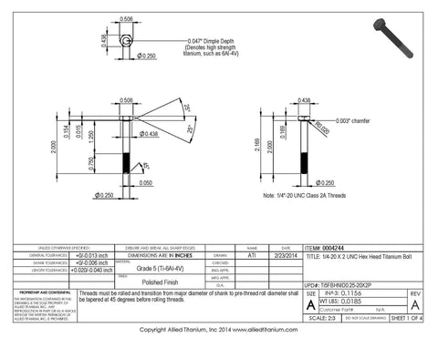 Hella Tough Top Shelf 1/4 20 X 2 Inch Titanium Hex Head Bolts Grade 5 Ti 6Al 4V design specifications and measurements.