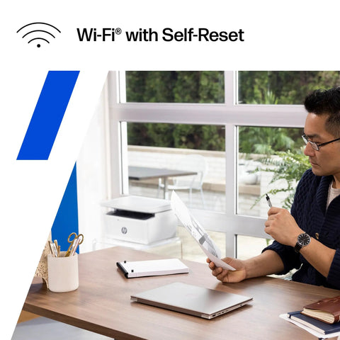 Wireless Laser Printer For Small Teams With Fast Black And White Printing Scanning And Copying Easy Setup And Mobile Printing Budget Friendly Compact MFP Built For Home Office Or Tiny Teams in a home office setting.