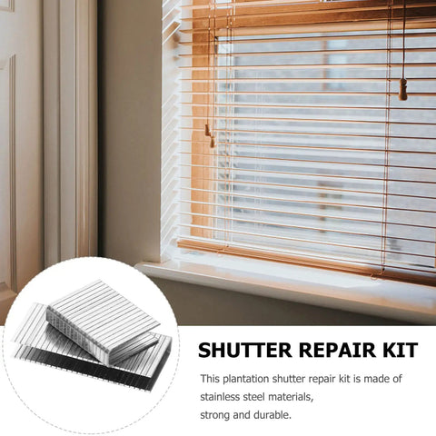 Real Deal Plantation Shutter Staple Repair Kit With Forty Heavy Duty Rust Proof Nails For Secure Tilt Rod And Louver Fix Indoors Outdoors Home Projects showing stainless steel staples and shutter.