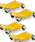 4 Pack Heavy Duty Steel Wheel Dollies With 1500 Lb Capacity showing yellow diamond plate design and rolling casters.
