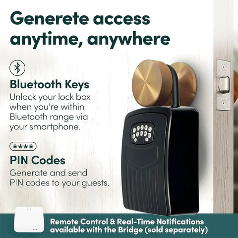 Smart Digital Key Lock Box With App Control And Bluetooth Remote Access Locked Down Tight For Indoor Or Outdoor Use mounted on door.