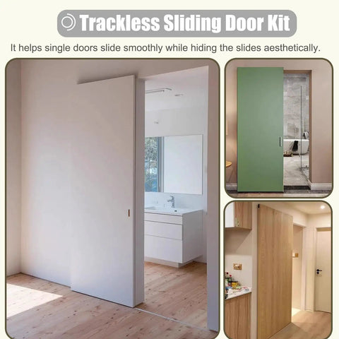 Invisible Trackless Sliding Door Hardware Kit Soft Close Silent Rollers For Adjustable Wood Doors in various interior settings