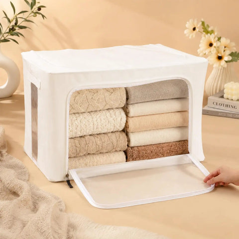 2 Pack Large Capacity Cotton Linen Storage Bags For Sweaters And Bulky Knits Breathable Garment Organizers displaying neatly folded blankets in a white storage bag.