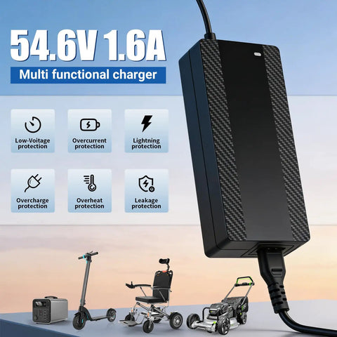 54.6V 1.6A Lithium Battery Charger For 48V 13S E-Bike Systems, showcasing features like multi-protection and compatible devices