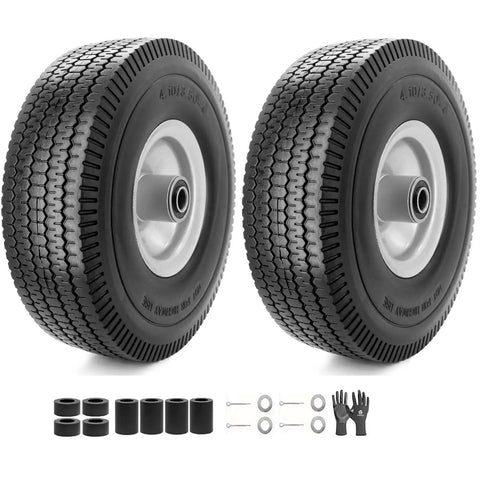 10 Inch Solid Tire And Wheel 4.10/3.50-4 Puncture Proof Cart Wheels 2 Pack with assembly accessories for go karts and trailers.