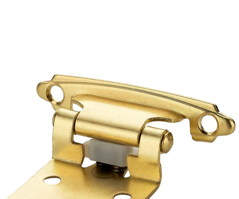 Close-up of Heavy Duty Gold Overlay Cabinet Hinges 1/2 Inch Face Frame Model with Quiet Cushion Bumpers.