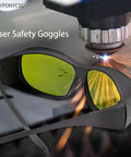 Kickass OD6 Plus Laser Safety Glasses With Rugged Black Frames And Sharp Green Tint Lenses providing legit eye protection against laser rays.