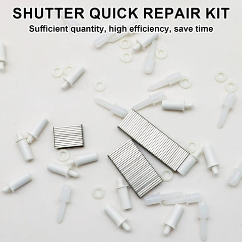 Pro Grade Plantation Shutter Repair Kit With Heavy Duty Louver Staples And Snap In Place Spring Pins, assorted hardware components on white background.