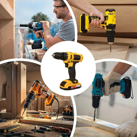Heavy Duty Cordless Drill Kicking Serious Torque For Woodworking And Diy Projects with quick change chuck and various drill angles.