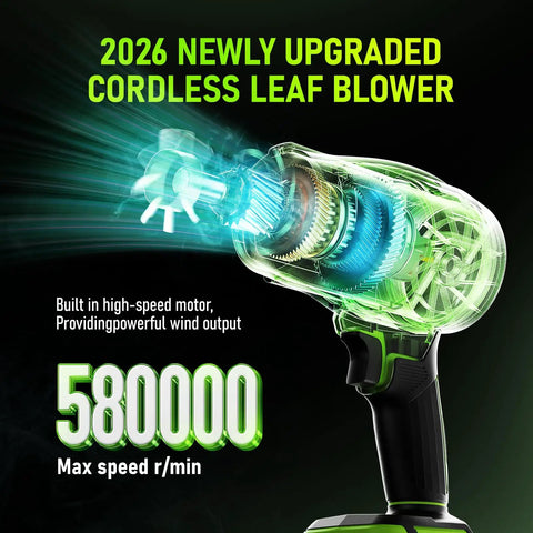 Transparent view of powerful cordless leaf blower with 580000 RPM motor showcasing internal mechanics and high-speed capabilities.