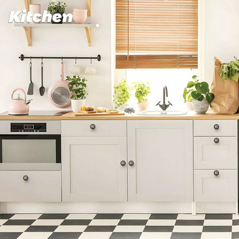 Modern kitchen with Rainbow Stained Glass Spiral Cabinet Knobs Set Of 4 For Kitchen And Bathroom on white cabinets