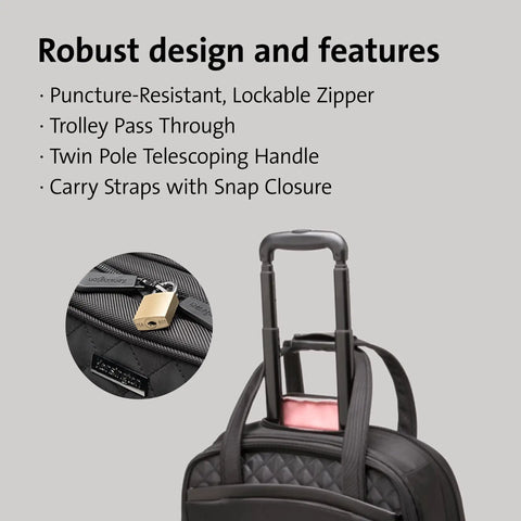 Hardcore Protection 15.6 Laptop Rolling Bag Multi Directional Spinner Wheels Water Resistant Executive Business Travel Case Wheeled Tote Roll Easy Black showing puncture-resistant zipper and telescoping handle.