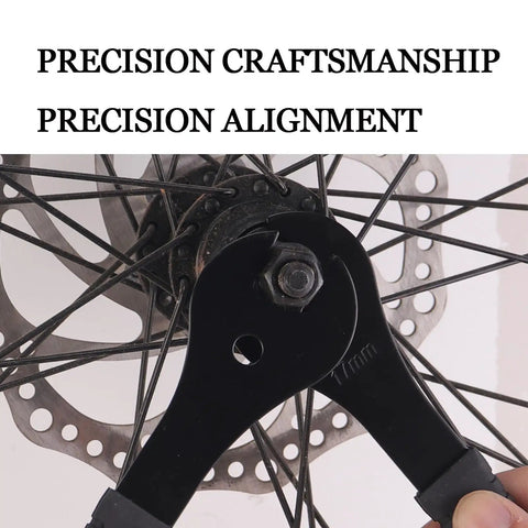 Gnarly Low Profile Bike Cone Wrench Collection featuring 17mm thick carbon steel spanner adjusting a bicycle wheel hub.