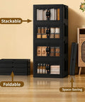 Heavy Duty Fold Flat Storage Bins With Slick Dual Front Door Access And Secure Lids Built Different Stackable Plastic Organizer Totes For Your Garage Office Pantry Or Home Gear Setup 4 Pack Black Nine Gallon Capacity Each, stacked in a home setting.